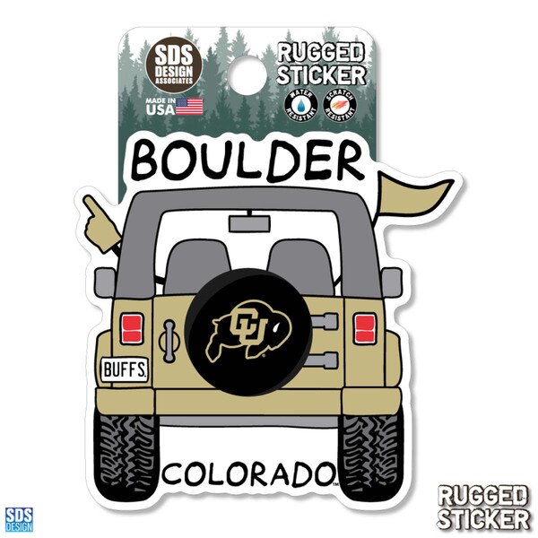 Colorado rugged sticker showing the back of a tan Jeep with CU Buffaloes logo on the spare tire, “Boulder” on top, “Colorado” below, and a Buffs license plate.